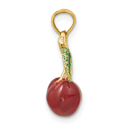 14K 3-D Red and Green Enameled Cherries with Leaf Charm