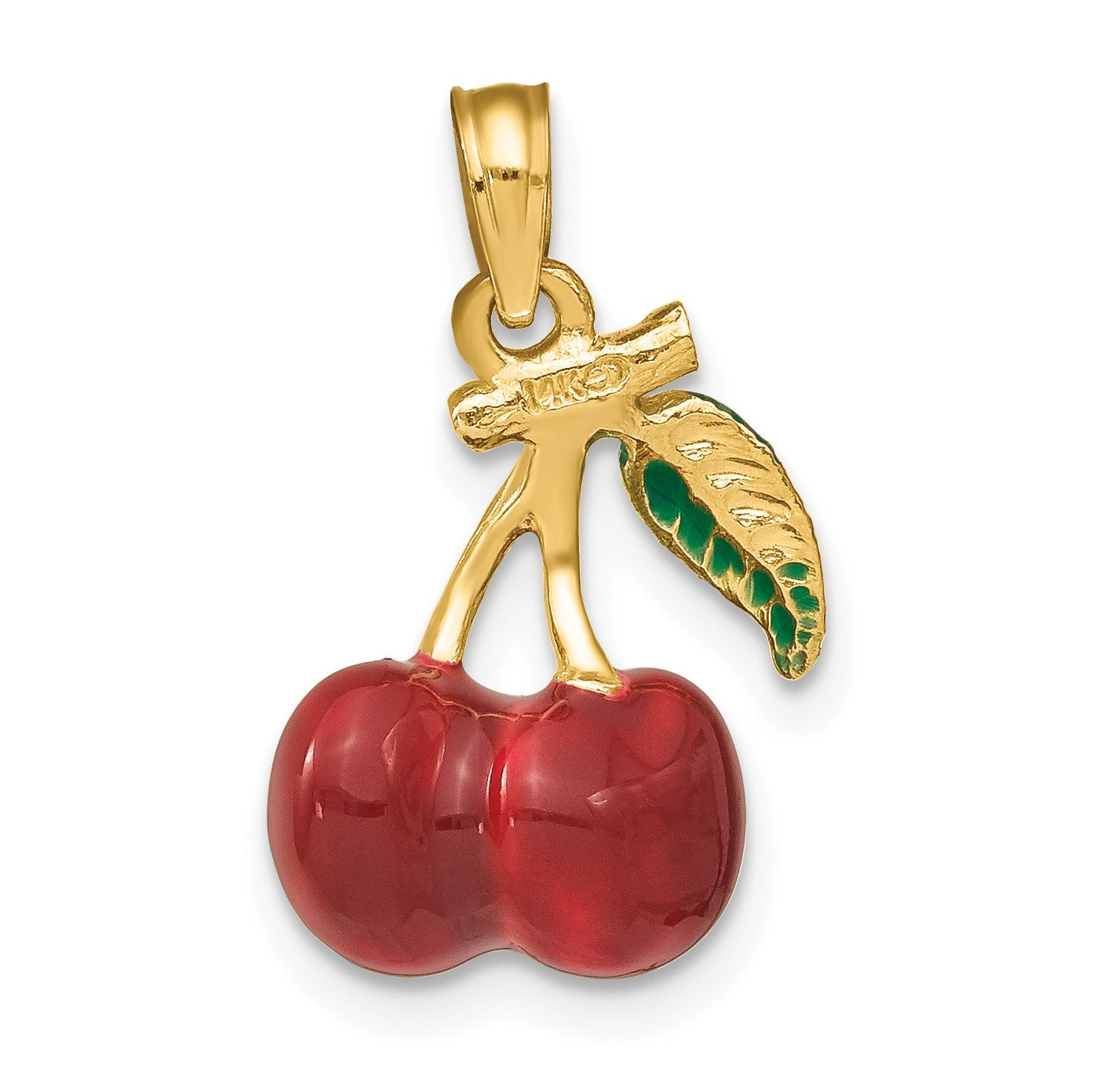 14K 3-D Red and Green Enameled Cherries with Leaf Charm