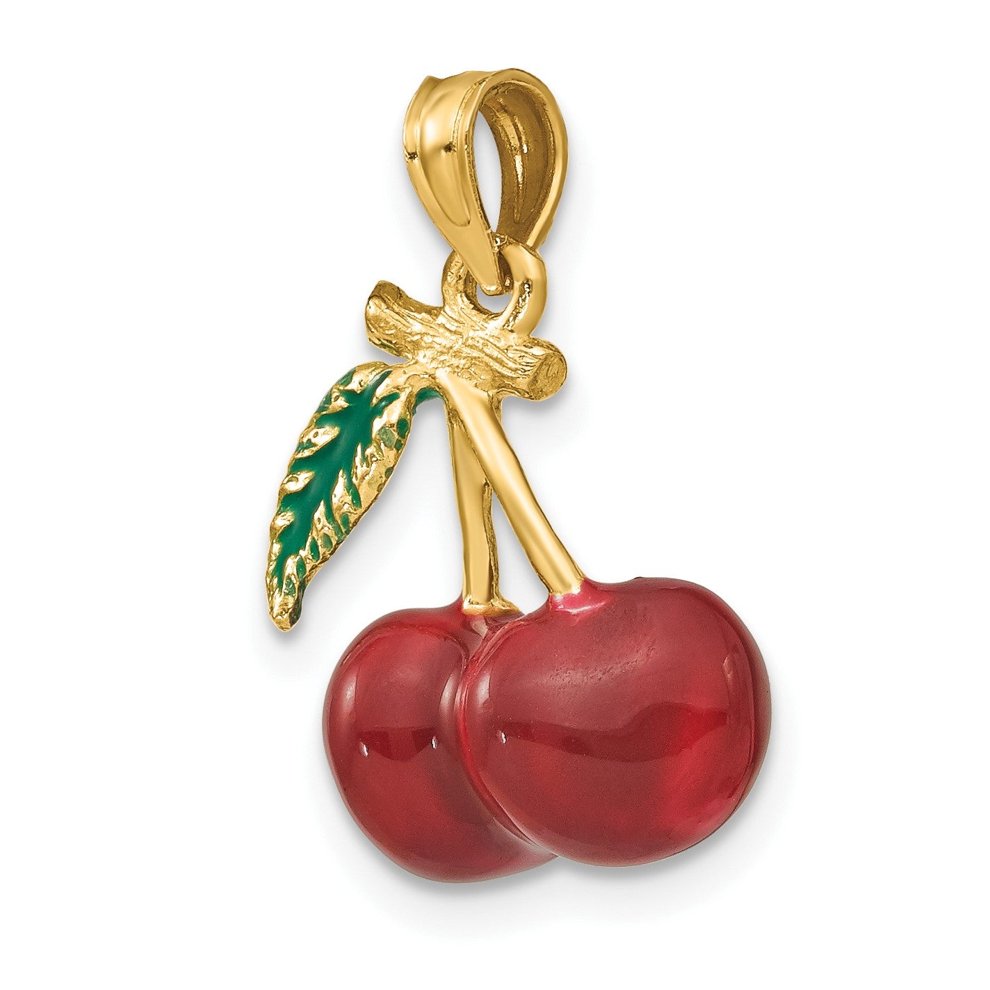 14K 3-D Red and Green Enameled Cherries with Leaf Charm