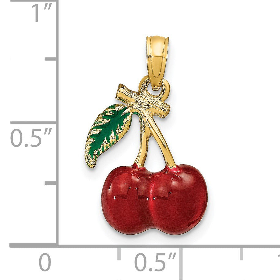 14K 3-D Red and Green Enameled Cherries with Leaf Charm