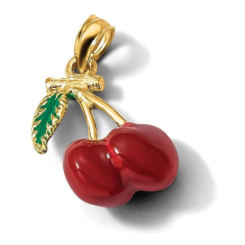 14K 3-D Red and Green Enameled Cherries with Leaf Charm