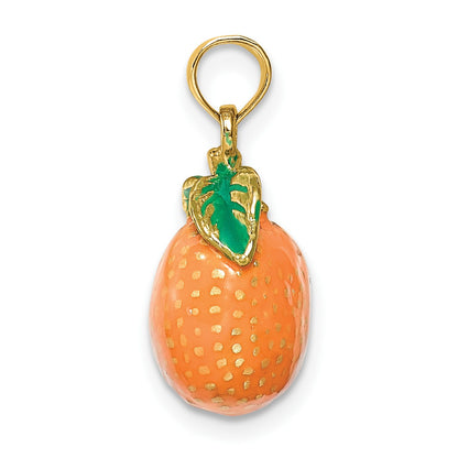 14K 3-D Orange and Green Enameled Orange With Stem and Leaf Charm