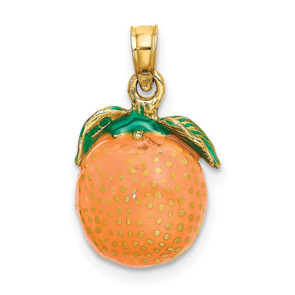 14K 3-D Orange and Green Enameled Orange With Stem and Leaf Charm