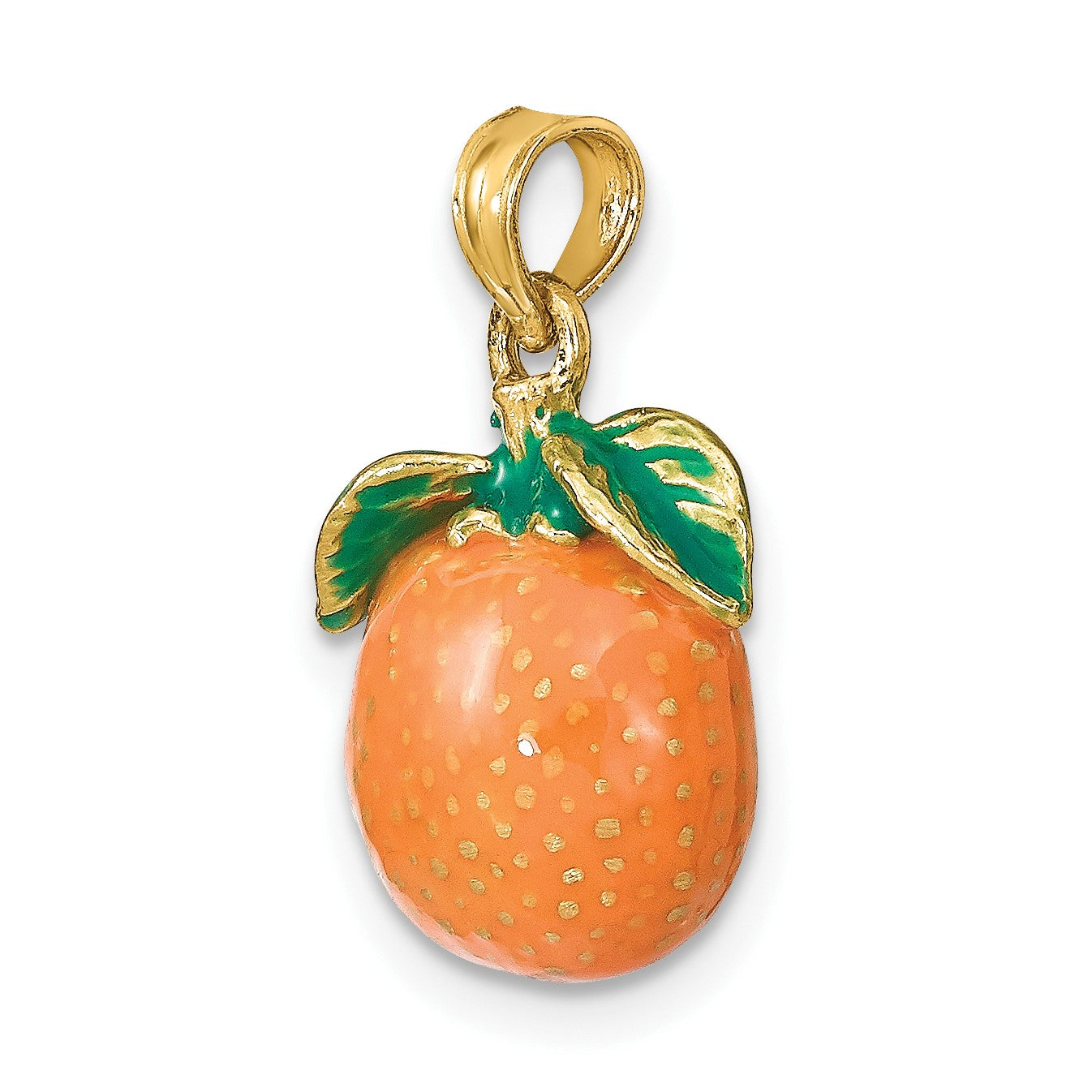 14K 3-D Orange and Green Enameled Orange With Stem and Leaf Charm