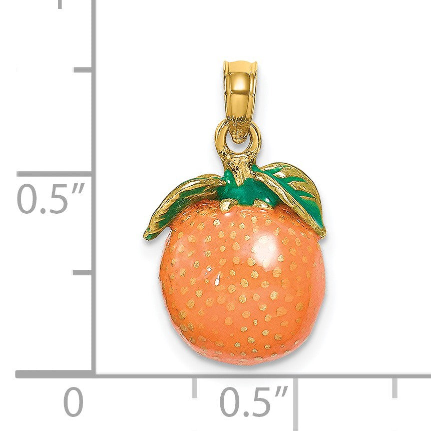 14K 3-D Orange and Green Enameled Orange With Stem and Leaf Charm