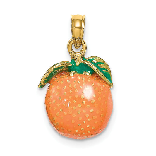 14K 3-D Orange and Green Enameled Orange With Stem and Leaf Charm
