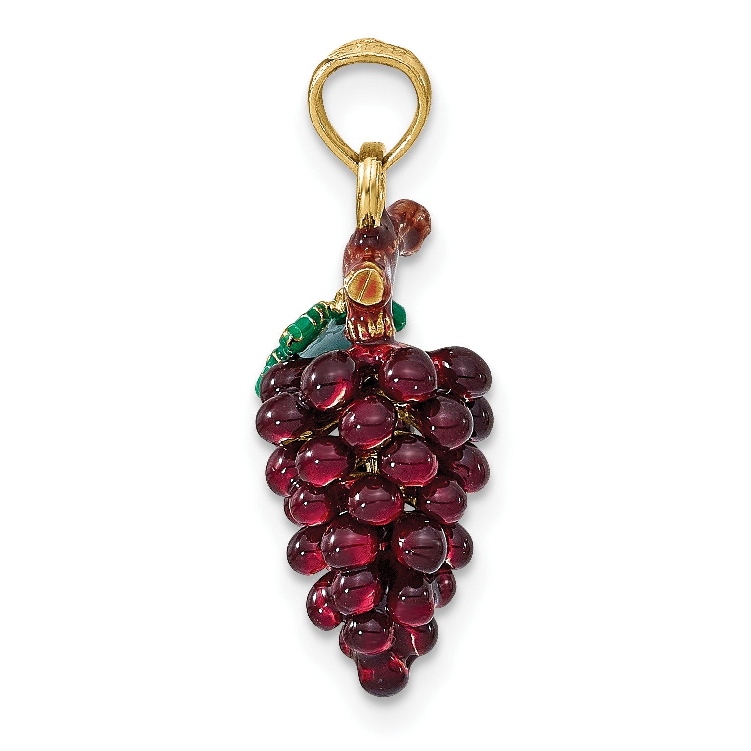14K 3-D Purple and Green Enameled Grapes with Stem and Leaf Charm