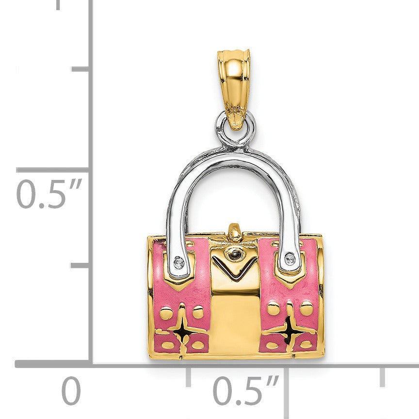 14K and White Rhodium 3-D Pink Enameled Handbag Opens Charm