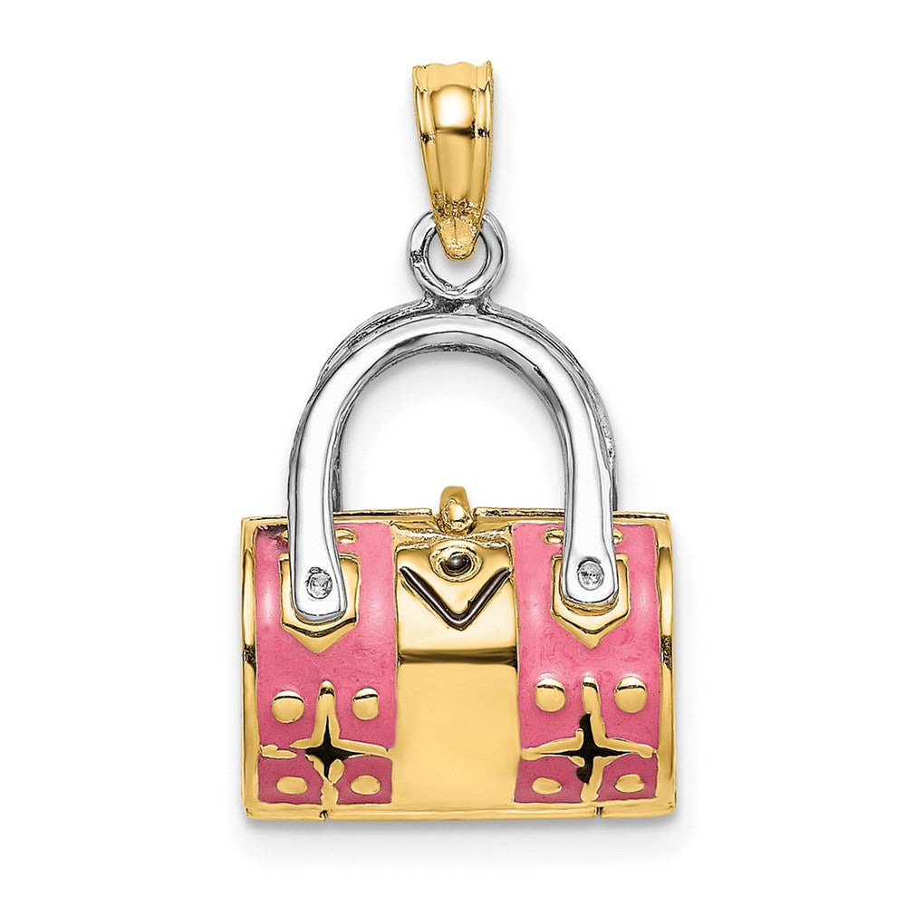 14K & Rhodium 3-D Pink Enameled Handbag Opens Charm