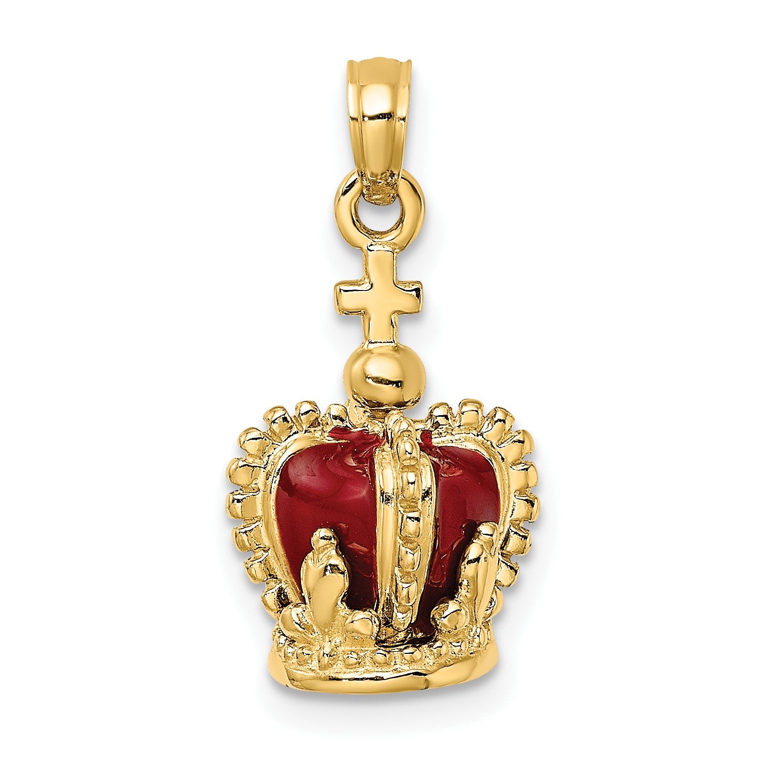 14K 3-D with Red Enamel Inside Crown with Cross On top Charm