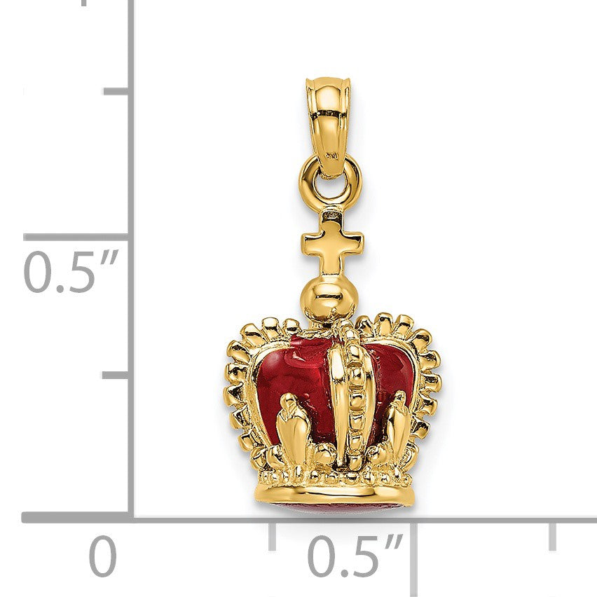 14K 3-D with Red Enamel Inside Crown with Cross On top Charm