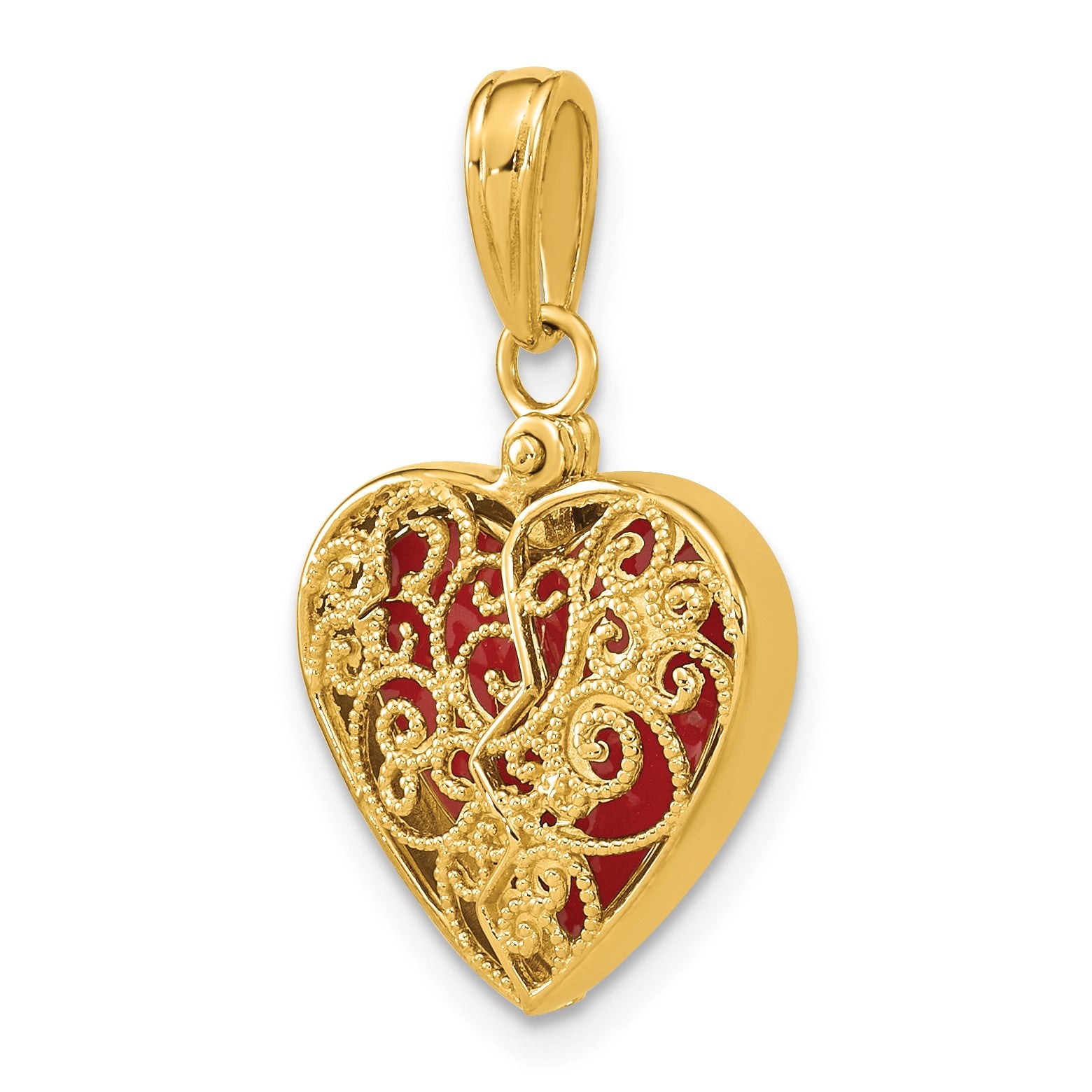 14K Red Enameled 3-D Reversible Filigree Heart That Opens Charm