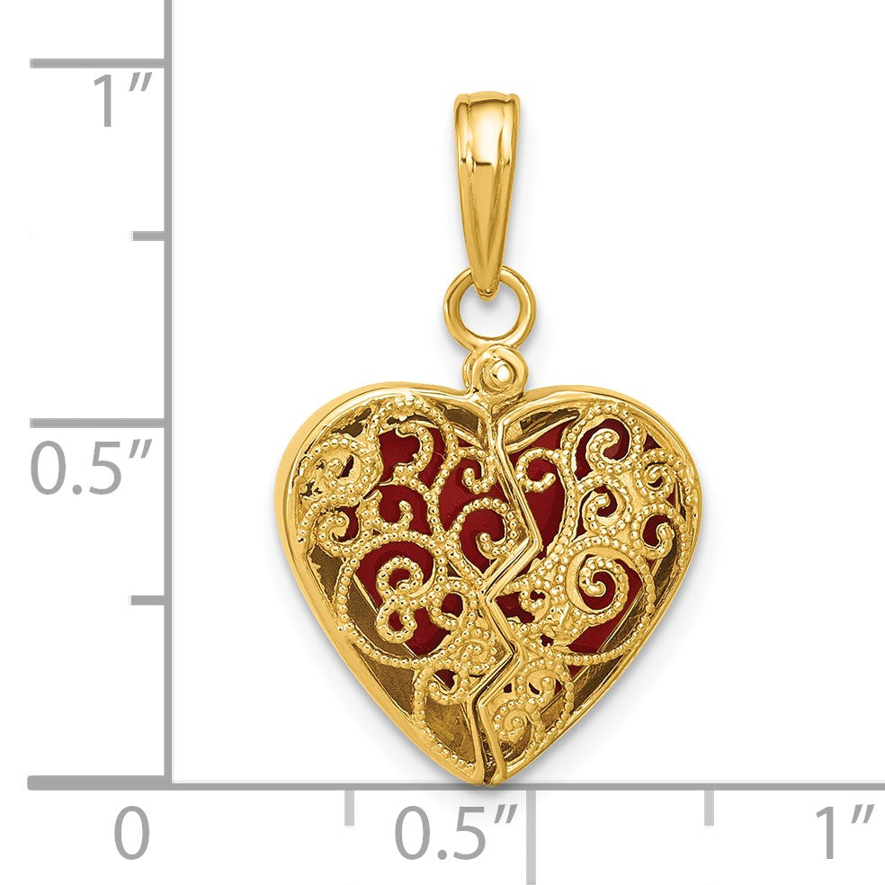 14K Red Enameled 3-D Reversible Filigree Heart That Opens Charm