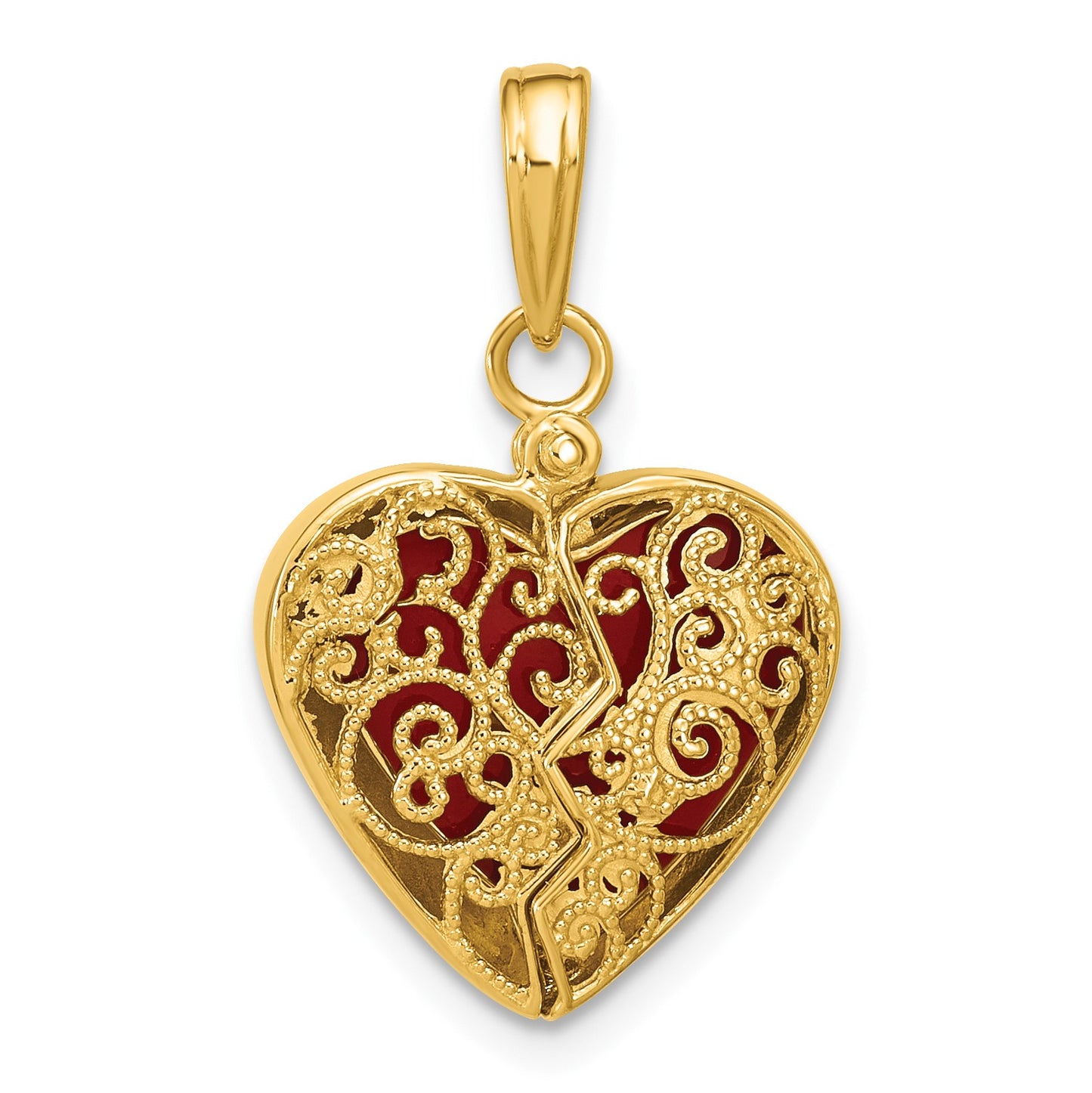 14K Red Enameled 3-D Reversible Filigree Heart That Opens Charm