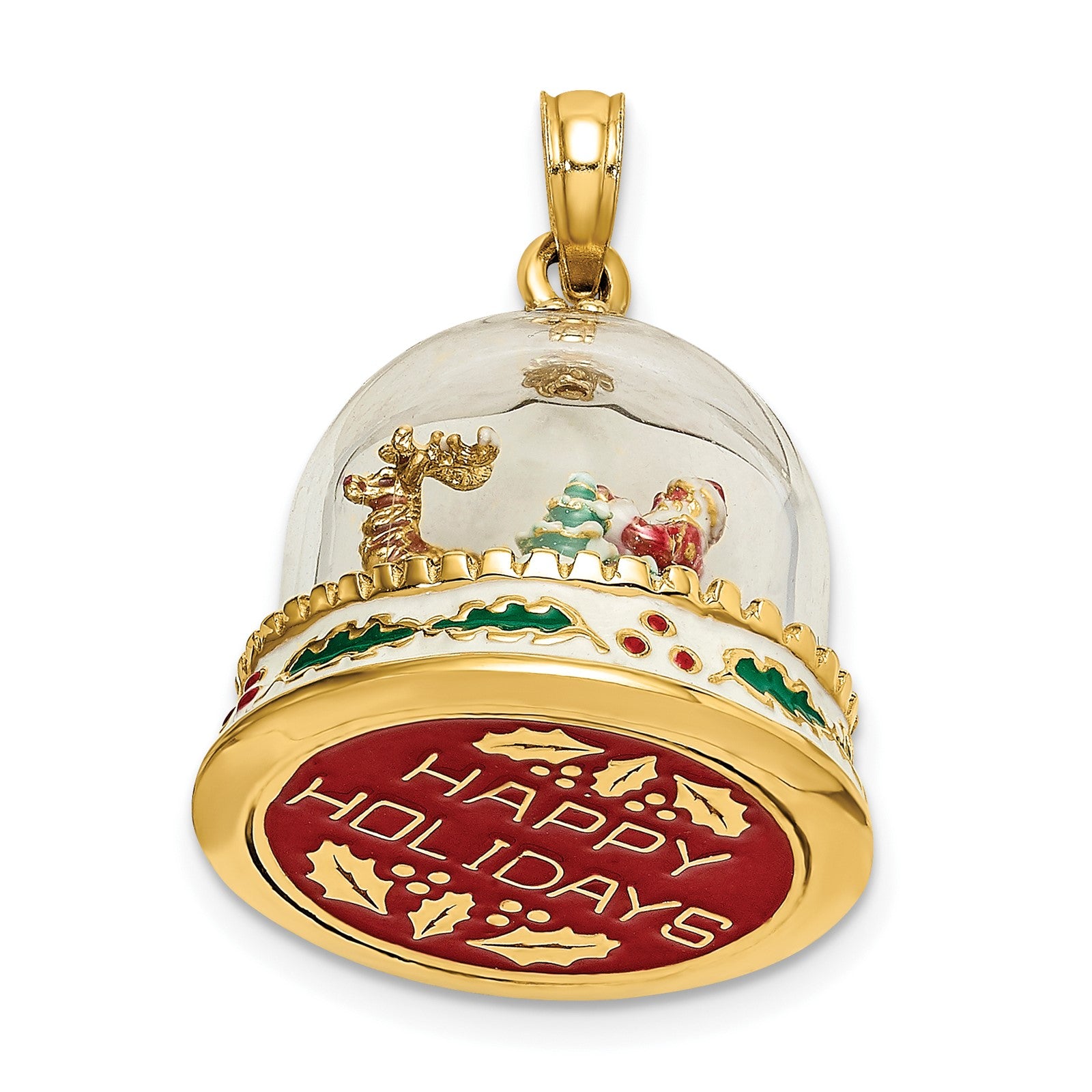 14K 3-D Enameled HAPPY HOLIDAYS on Bottom Glass Snow Globe Charm