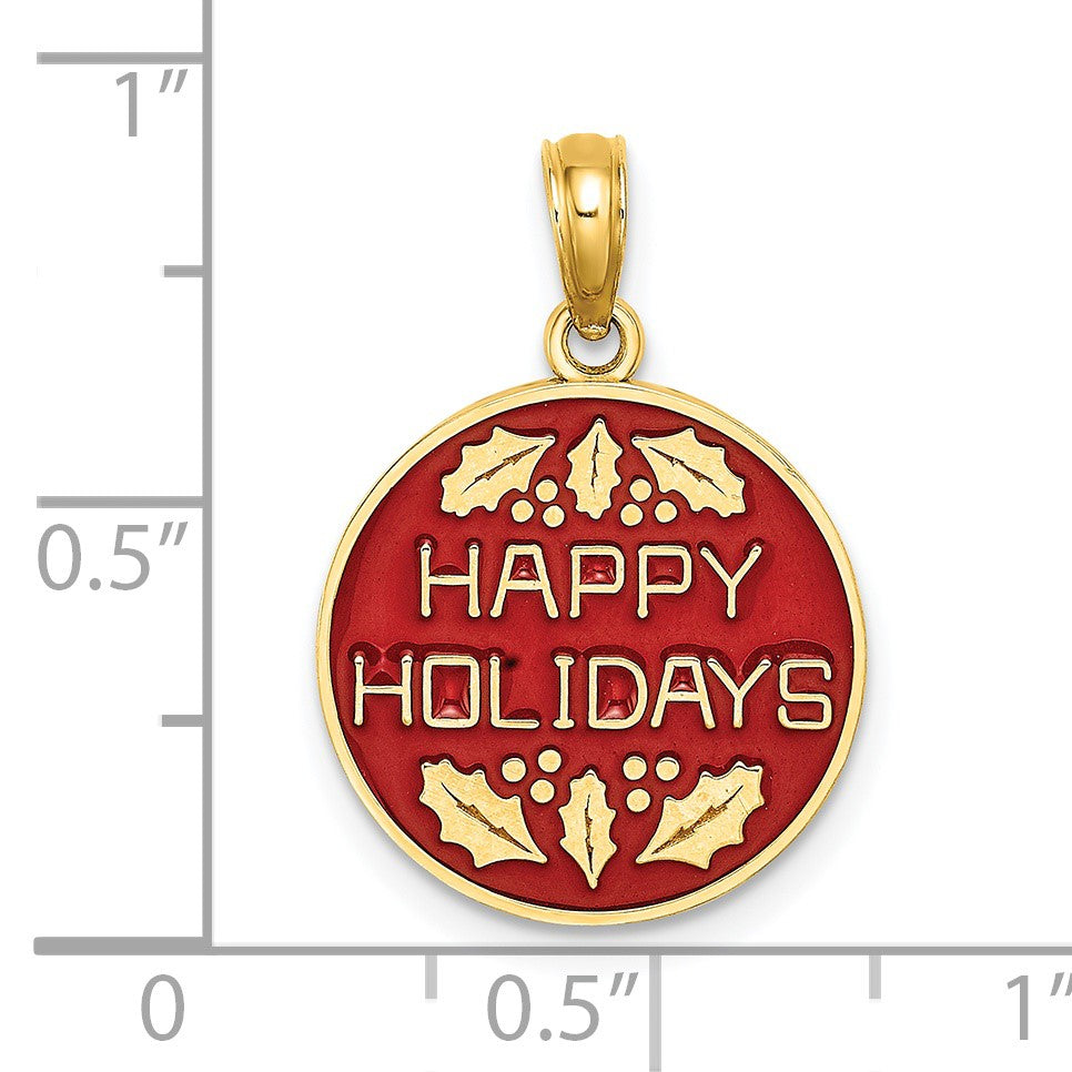14K Enameled HAPPY HOLIDAYS with Holly Round Disc Charm