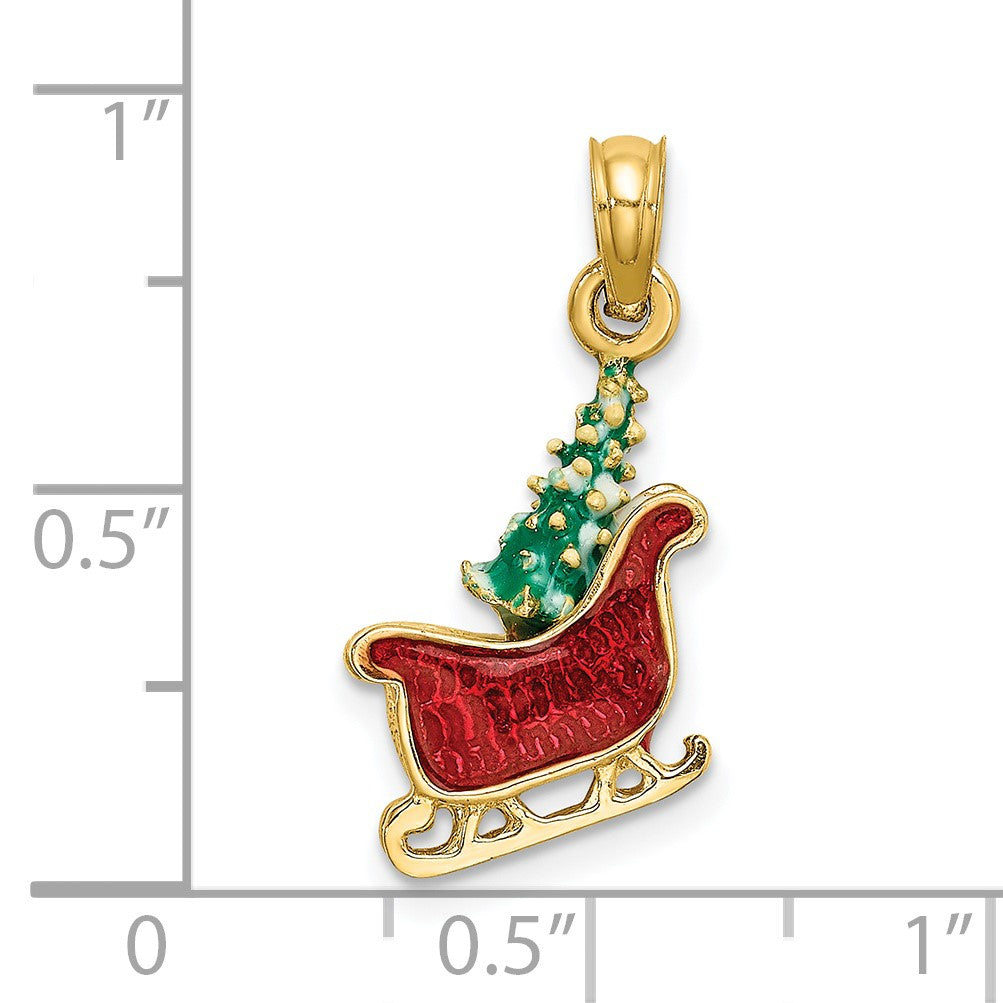 14K 3-D Enameled Sleigh with Christmas Tree Charm