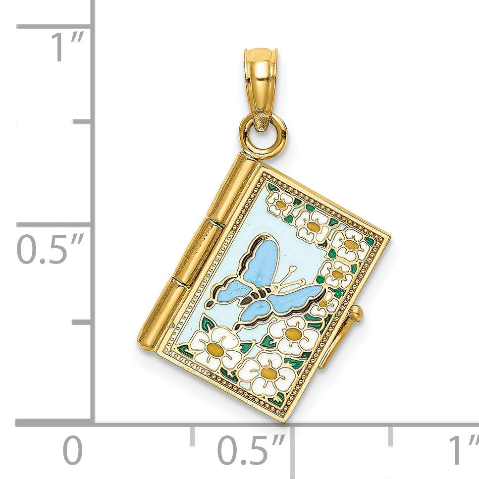 14K 3-D Multi-color Enamel Butterfly Ecclesiastes 3:1 Book with Moveable Pages Pendant