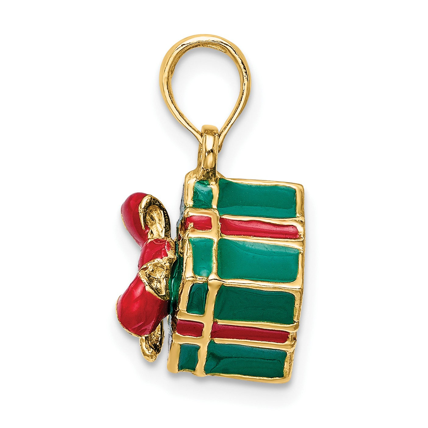 14K 3-D Enameled Green Gift Box with Red Bow Charm