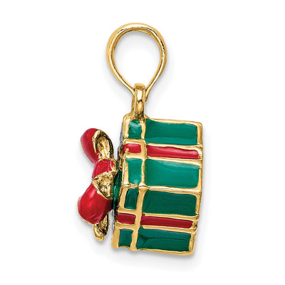 14K 3-D Enameled Green Gift Box with Red Bow Charm