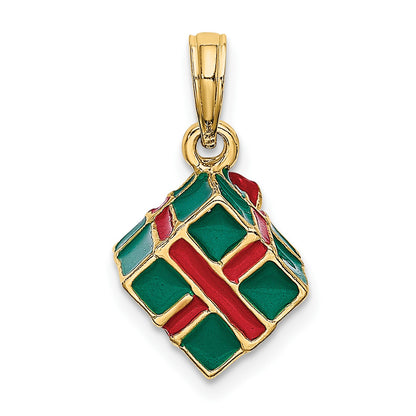 14K 3-D Enameled Green Gift Box with Red Bow Charm