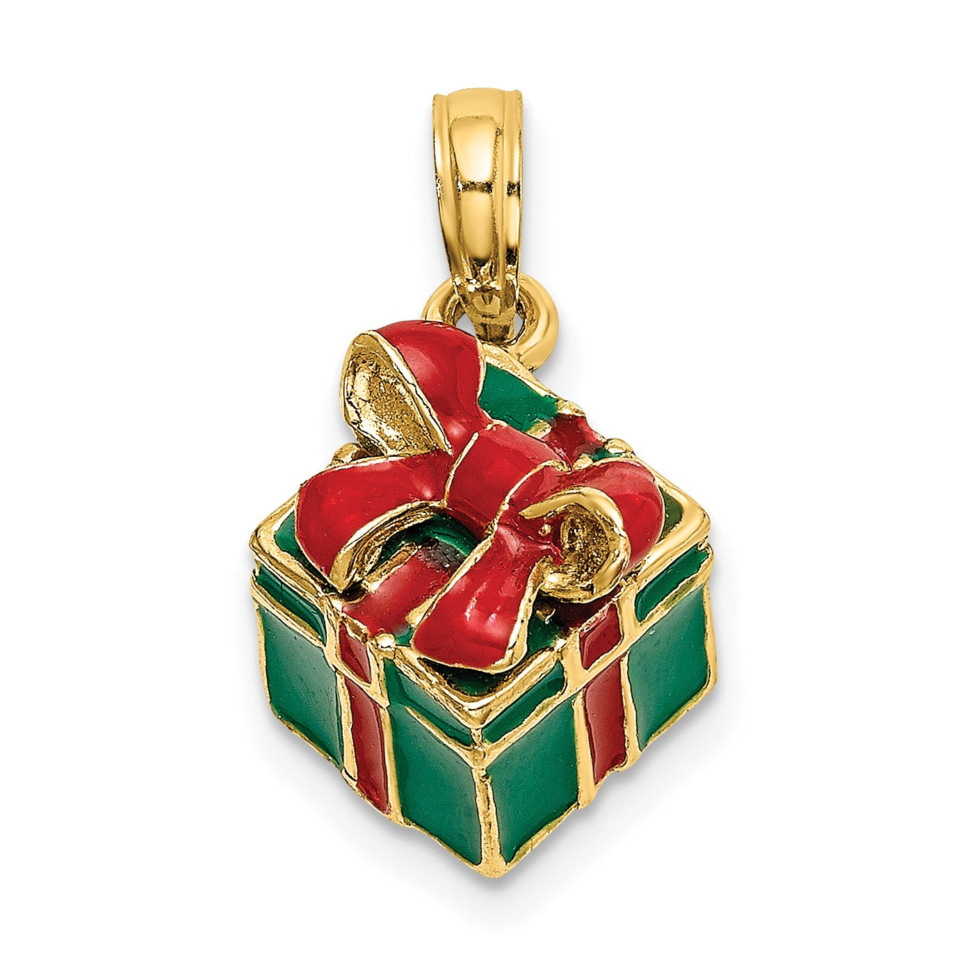 14K 3-D Enameled Green Gift Box with Red Bow Charm