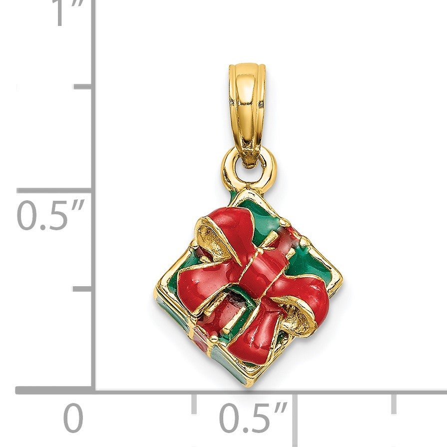 14K 3-D Enameled Green Gift Box with Red Bow Charm