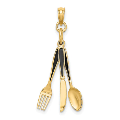 14K 3-D Black Enameled Knife, Fork, Spoon Moveable Charm