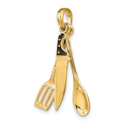 14K 3-D Black Enamel Butcher Knife, Spoon and Spatula Moveable Charm