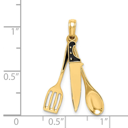 14K 3-D Black Enamel Butcher Knife, Spoon and Spatula Moveable Charm