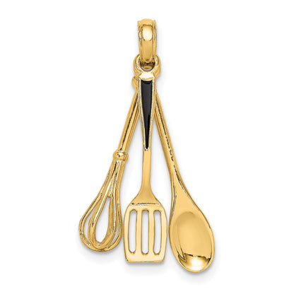 14K 3-D Black Enamel Spatula, Wooden Spoon, Whisk Moveable Charm