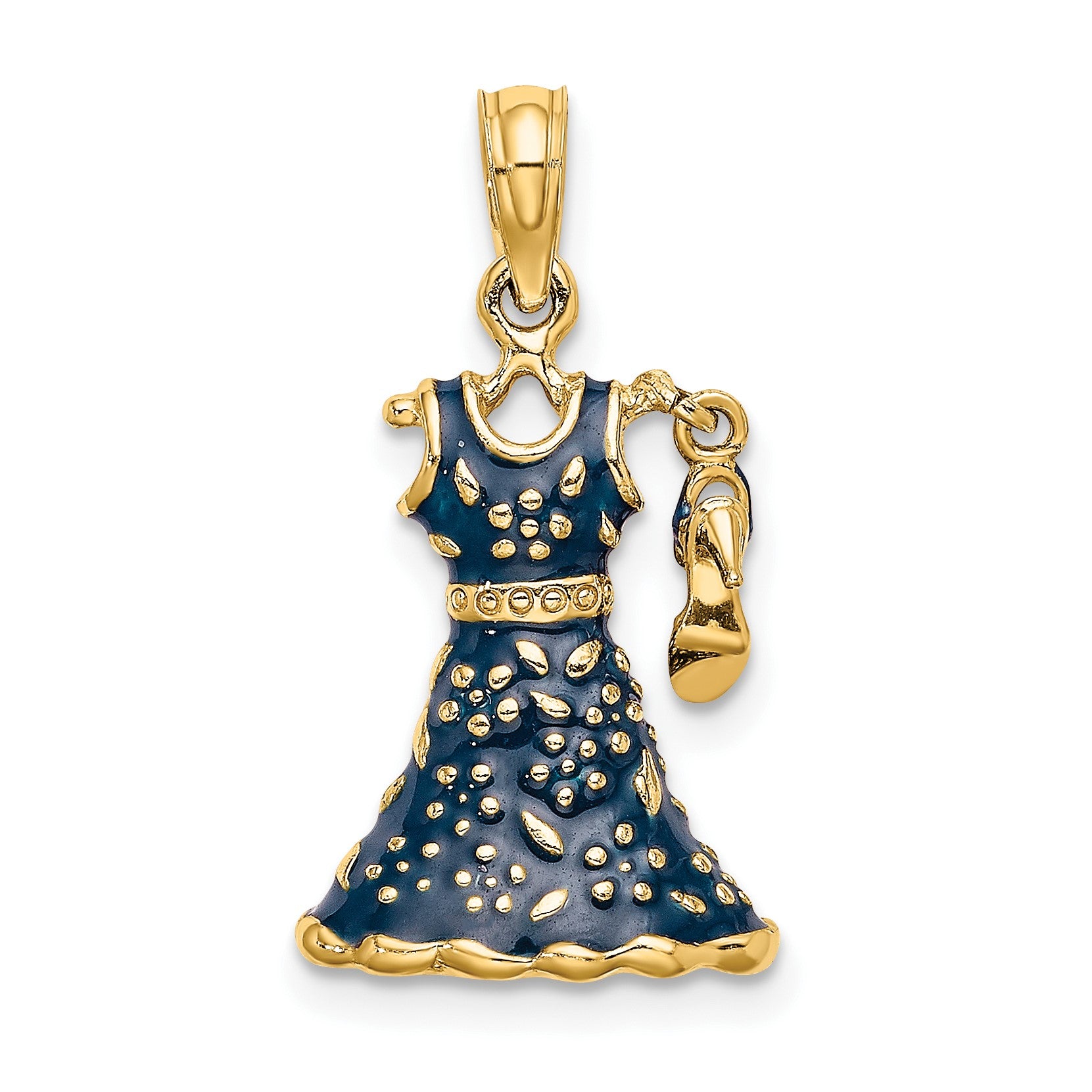 14K 3-D Blue Floral Enameled Dress with Moveable Dangle Shoe Charm