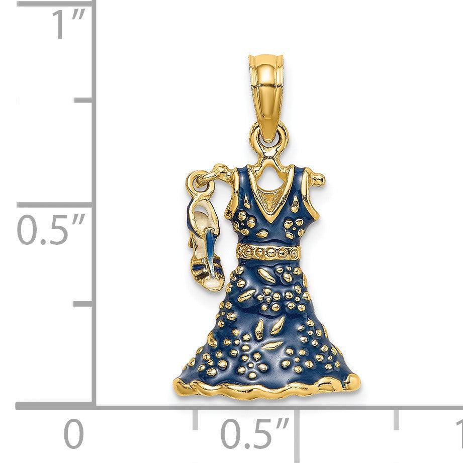 14K 3-D Blue Floral Enameled Dress with Moveable Dangle Shoe Charm