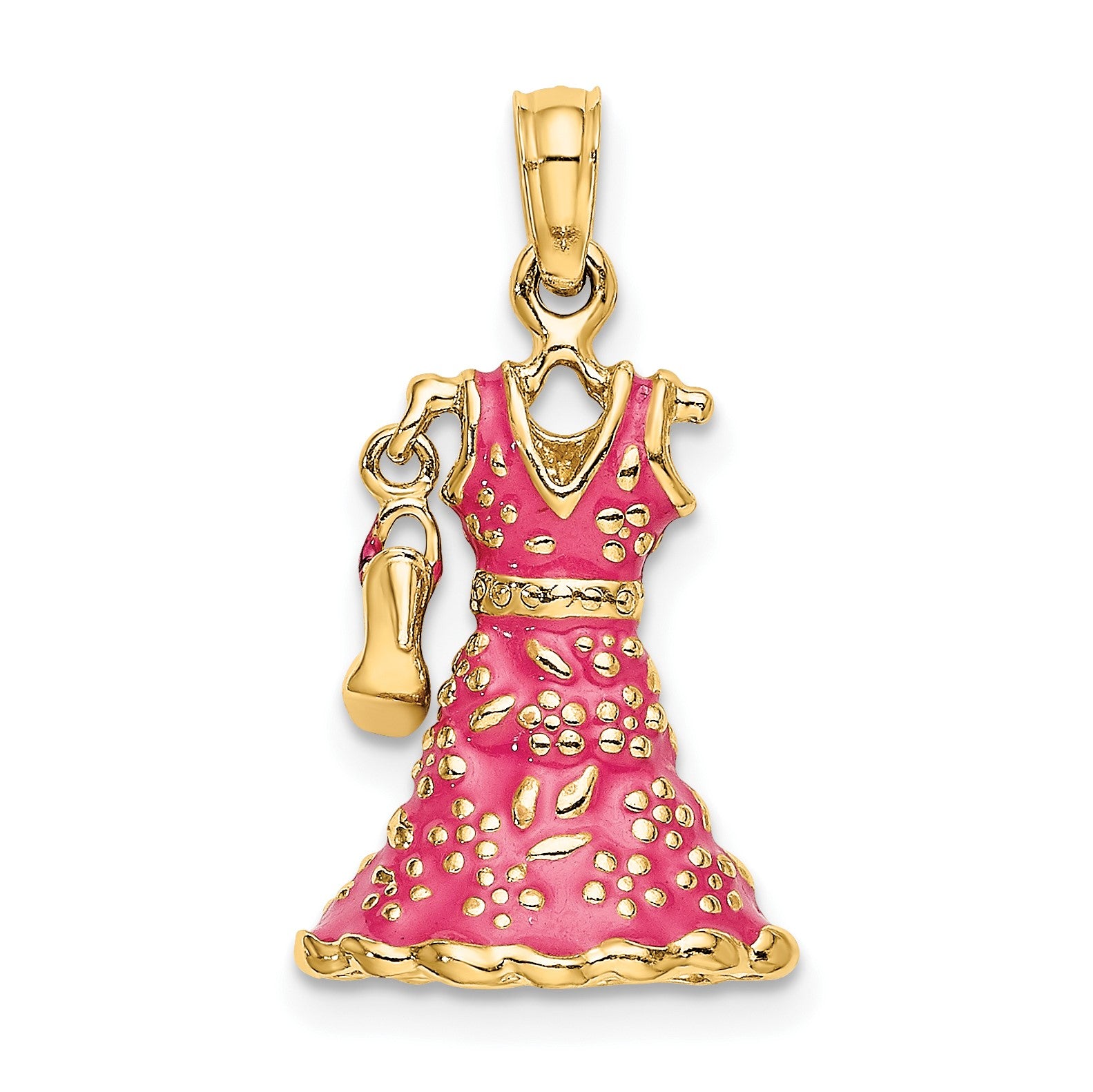 14K 3-D Pink Floral Enameled Dress with Moveable Dangle Shoe Charm