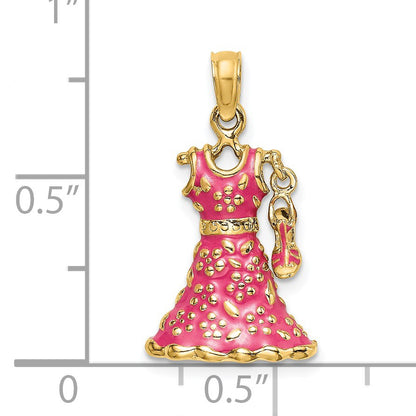 14K 3-D Pink Floral Enameled Dress with Moveable Dangle Shoe Charm