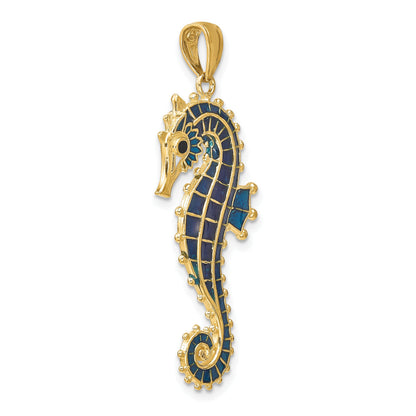 14K 3-D Blue Enameled Seahorse Pendant
