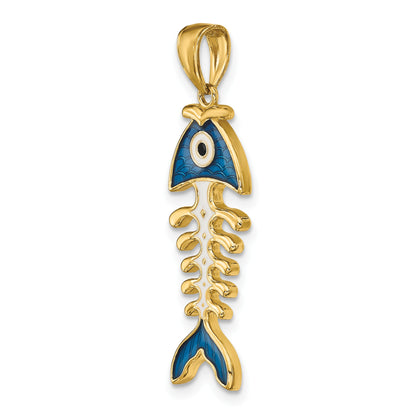 14k 3-D  Blue Enamel Fish Bone Pendant
