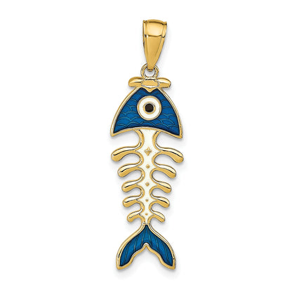14k 3-D  Blue Enamel Fish Bone Pendant