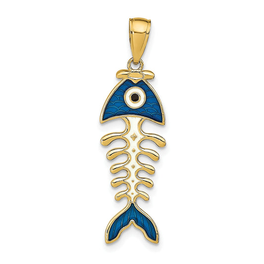 14k 3-D  Blue Enamel Fish Bone Pendant