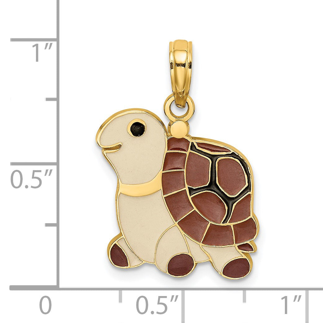 14K Brown, Tan and Black Enamel Cartoon Turtle Charm