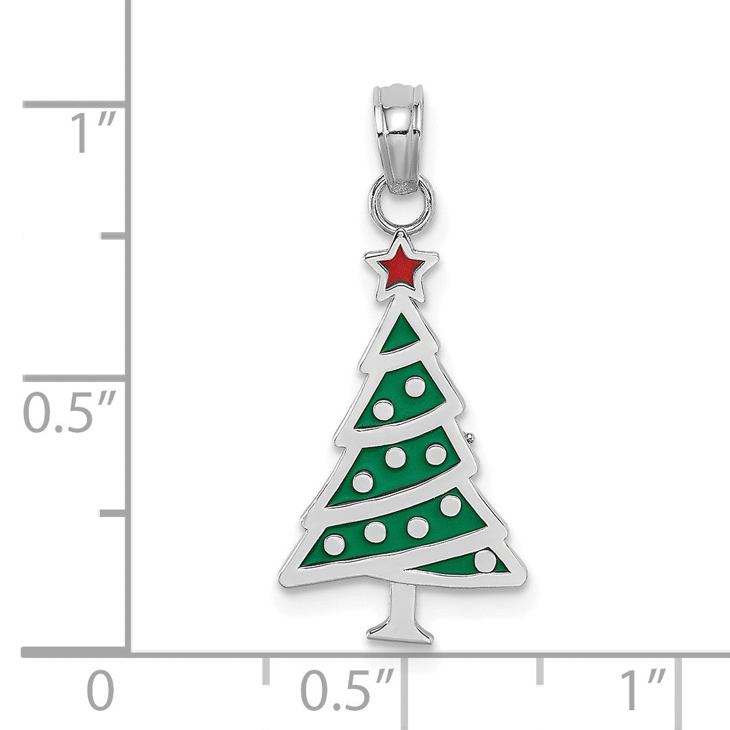 14K White Gold Enameled Green Christmas Tree with Red Star Charm