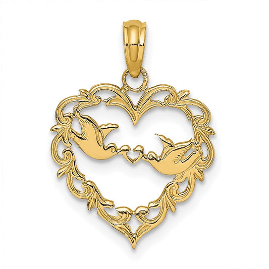 14K Polished Love Birds in Heart Pendant