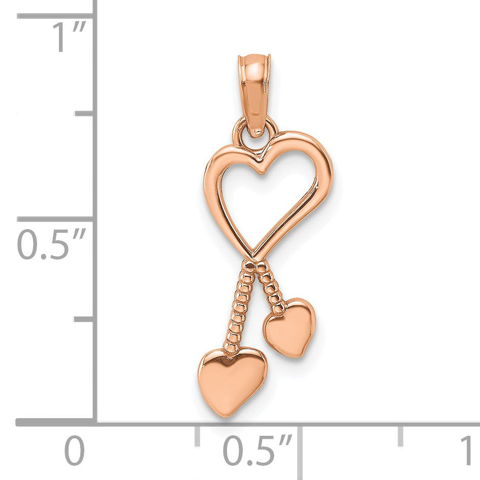 14K Rose Polished Heart with Double Heart Tassel Pendant