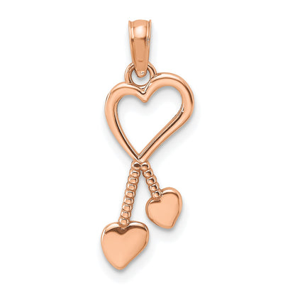 14K Rose Polished Heart with Double Heart Tassel Pendant