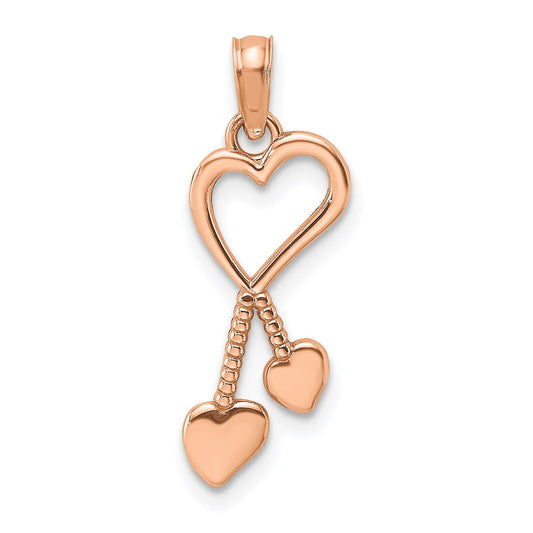 14K Rose Polished Tassle Hearts Pendant