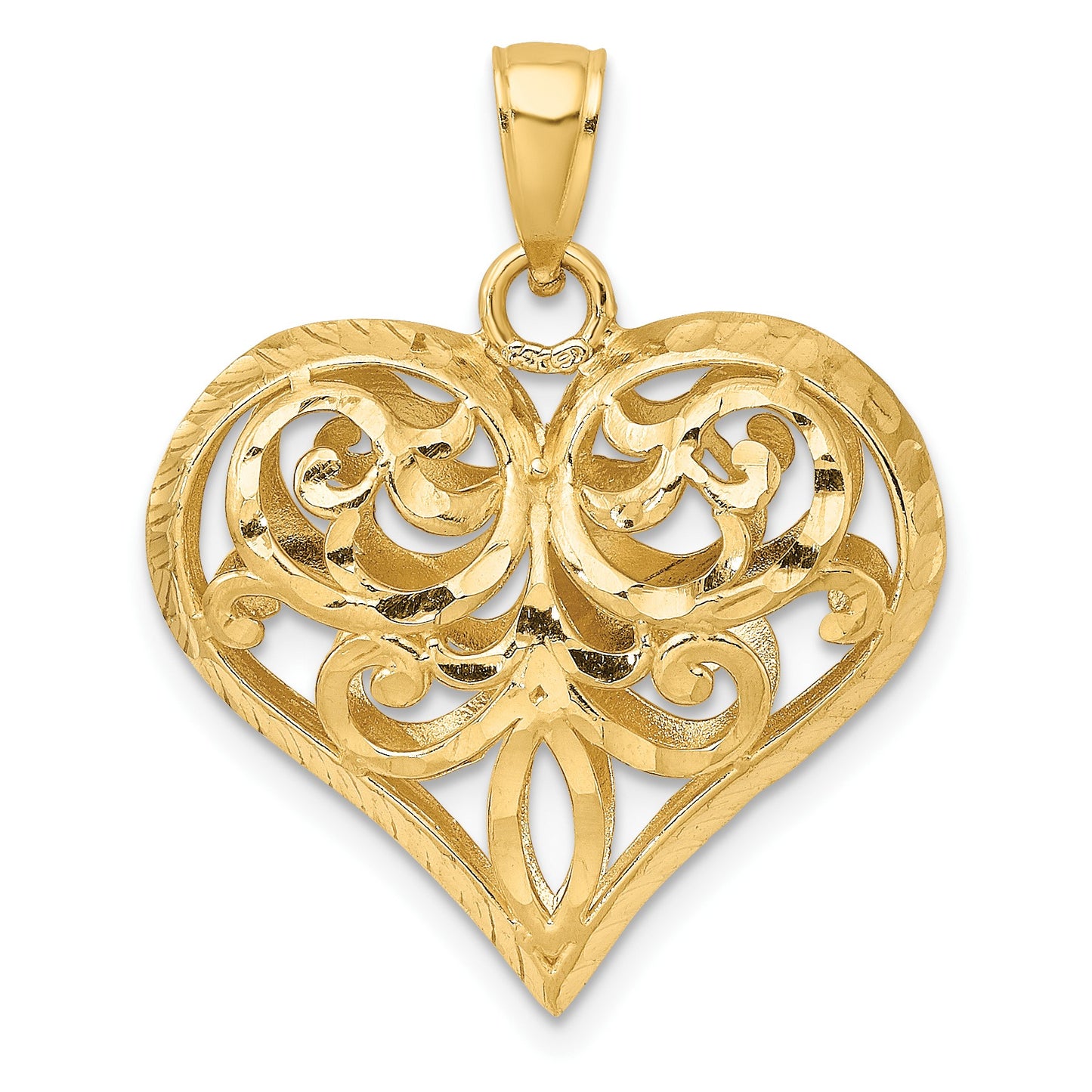14K Polished 3-D Diamond-cut Filigree Puffed Heart Charm