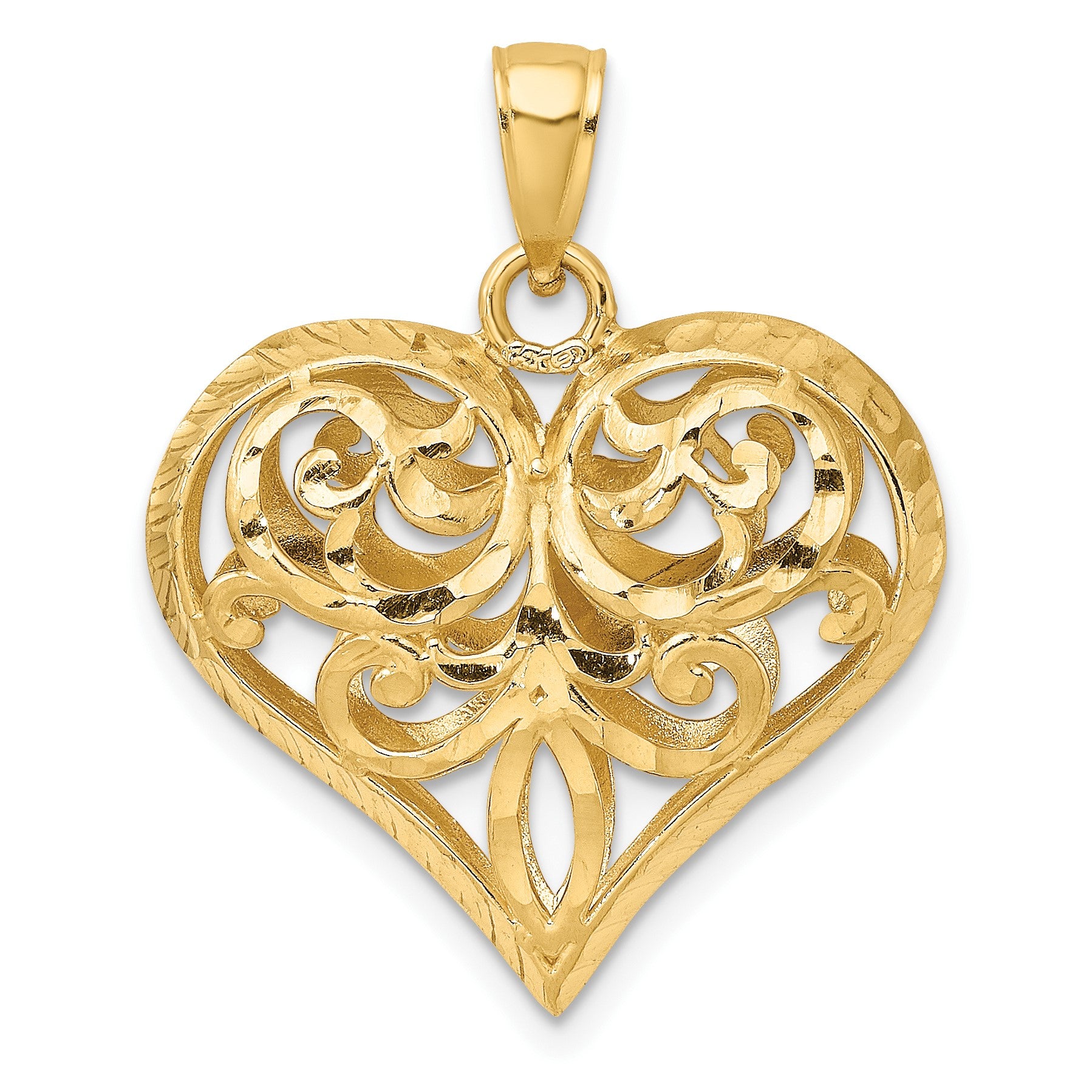 14K Polished 3-D Diamond-cut Filigree Puffed Heart Charm
