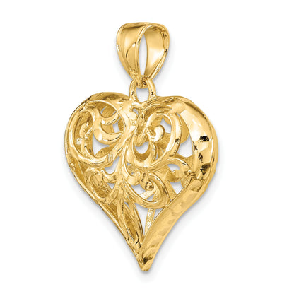 14K Polished 3-D Diamond-cut Filigree Puffed Heart Charm