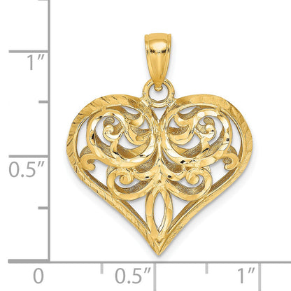 14K Polished 3-D Diamond-cut Filigree Puffed Heart Charm