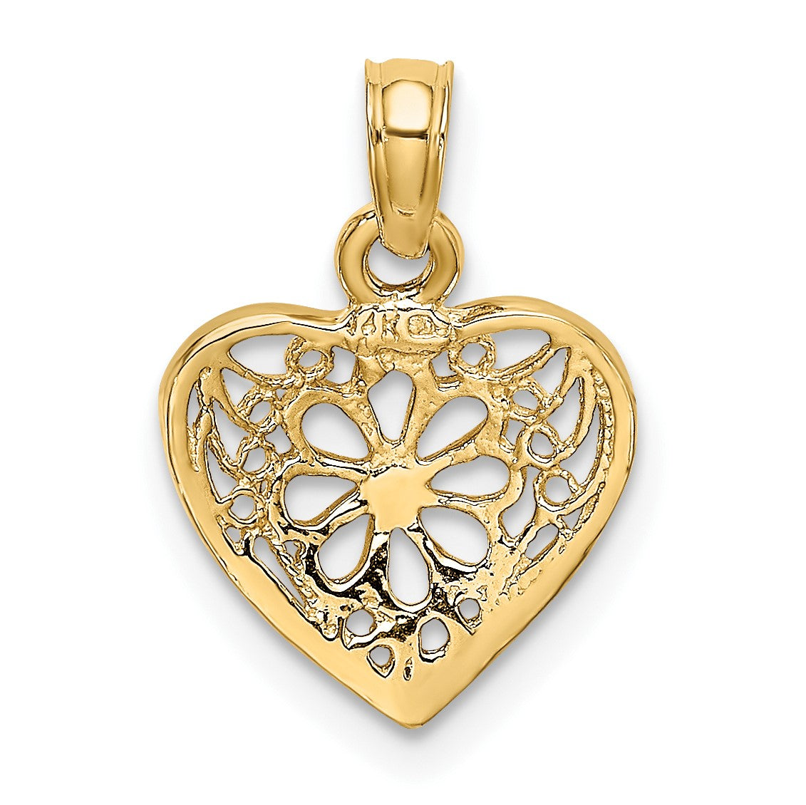 14K 2-D Filigree Heart with Flower Design Charm